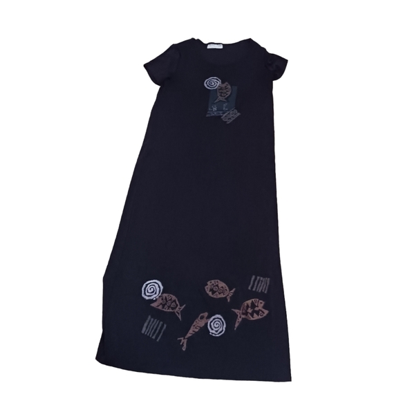 Vintage 80's Maxi Fish Dress Ladies Stretchy Black Cap Sleeves Michael Carrie - Picture 1 of 4